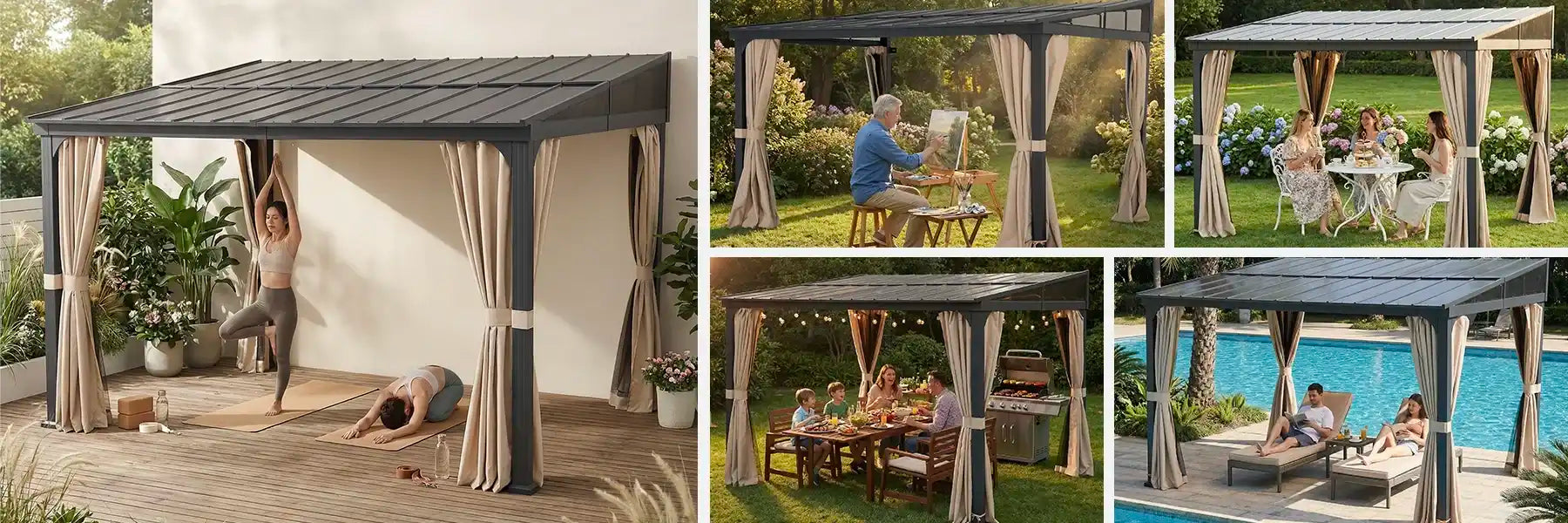SUNJOY 10x12 Metal Roof Wall Mounted Gazebo, Lean to Gazebo with Curtain and Netting