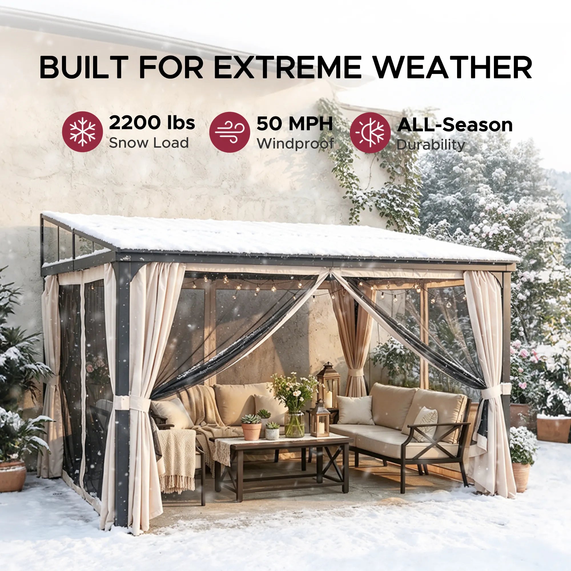 SUNJOY 12x14 Metal Roof Wall Mounted Gazebo, Lean to Gazebo with Curtain and Netting