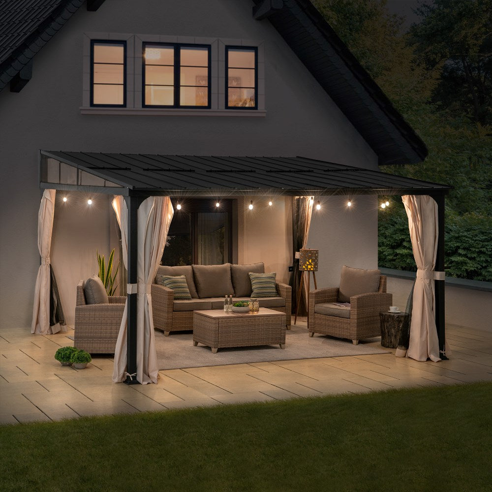 SUNJOY 12x14 Metal Roof Wall Mounted Gazebo, Lean to Gazebo with Curtain and Netting