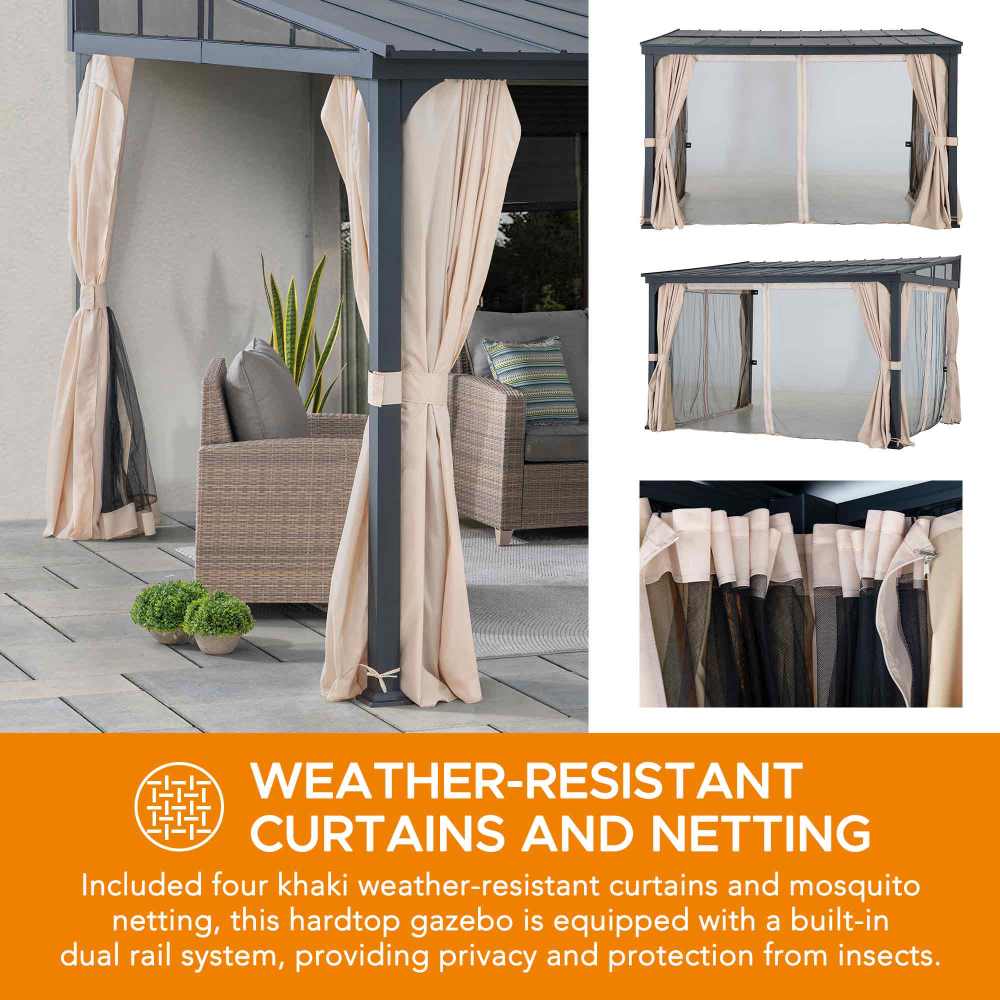 SUNJOY 12x14 Metal Roof Wall Mounted Gazebo, Lean to Gazebo with Curtain and Netting