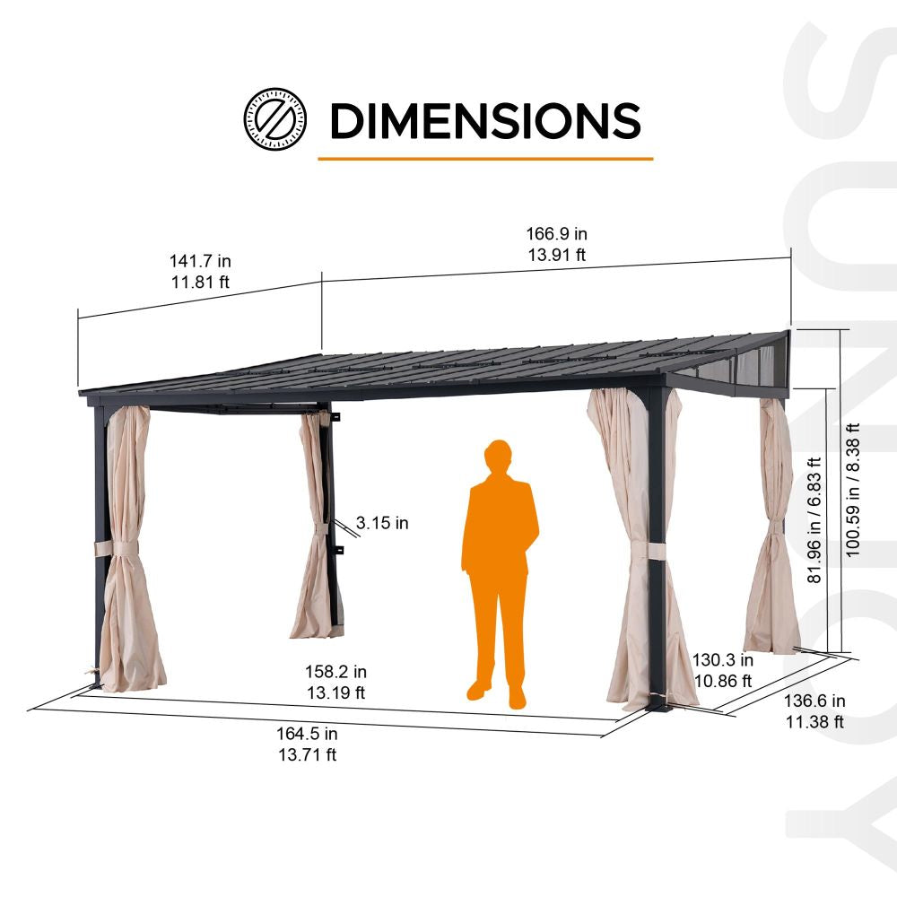 SUNJOY 12x14 Metal Roof Wall Mounted Gazebo, Lean to Gazebo with Curtain and Netting