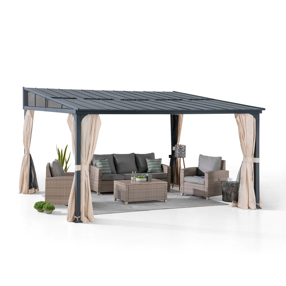 SUNJOY 12x14 Metal Roof Wall Mounted Gazebo, Lean to Gazebo with Curtain and Netting
