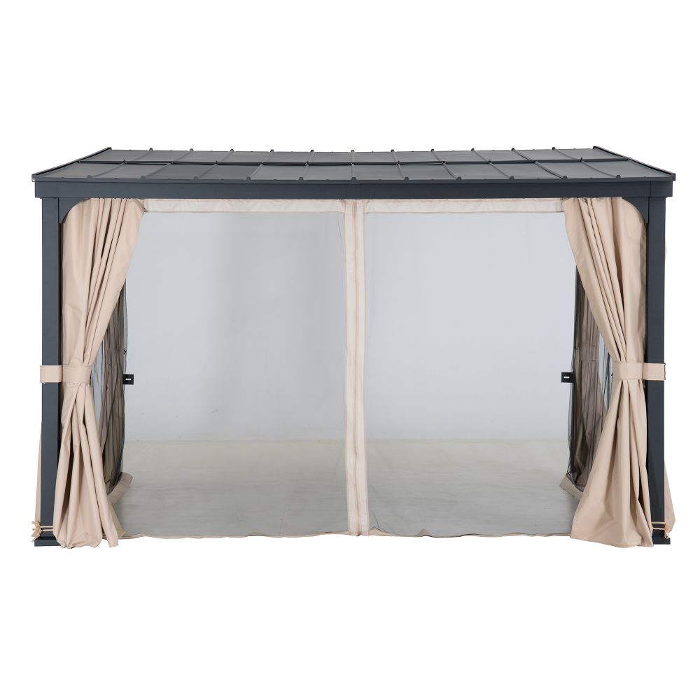 SUNJOY 12x14 Metal Roof Wall Mounted Gazebo, Lean to Gazebo with Curtain and Netting
