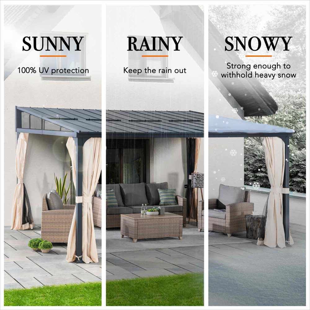 SUNJOY 12x14 Metal Roof Wall Mounted Gazebo, Lean to Gazebo with Curtain and Netting