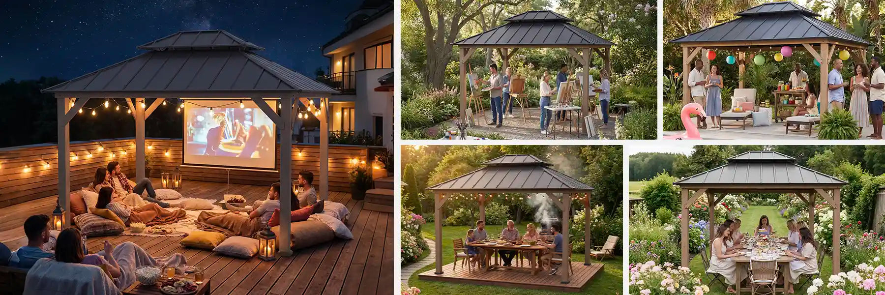 SUNJOY 10x12 Wood Gazebo with 2-tier Metal Roof and Ceiling Hook - Weathered Cedar