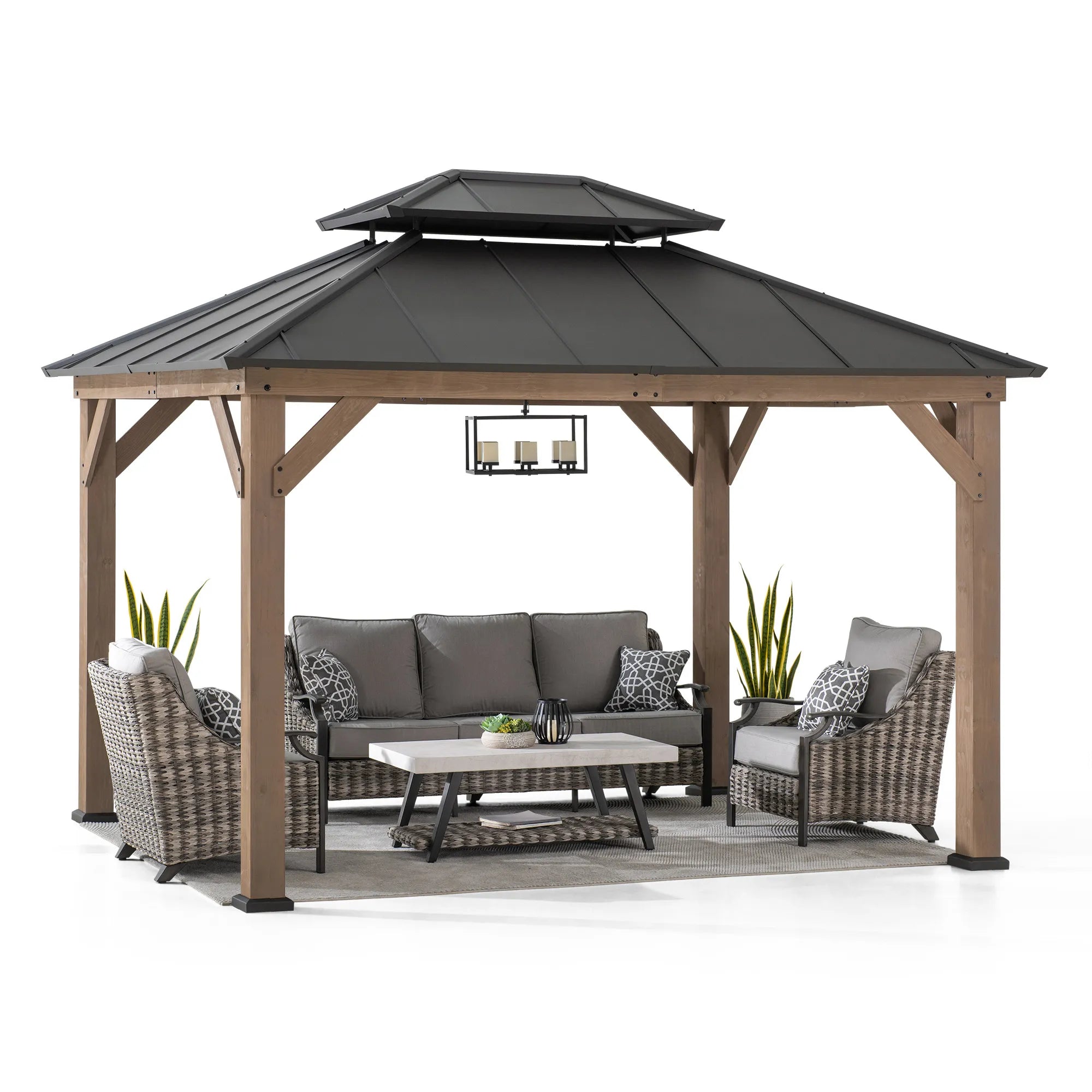 SUNJOY 10x12 Wood Gazebo with 2-tier Metal Roof and Ceiling Hook - Weathered Cedar