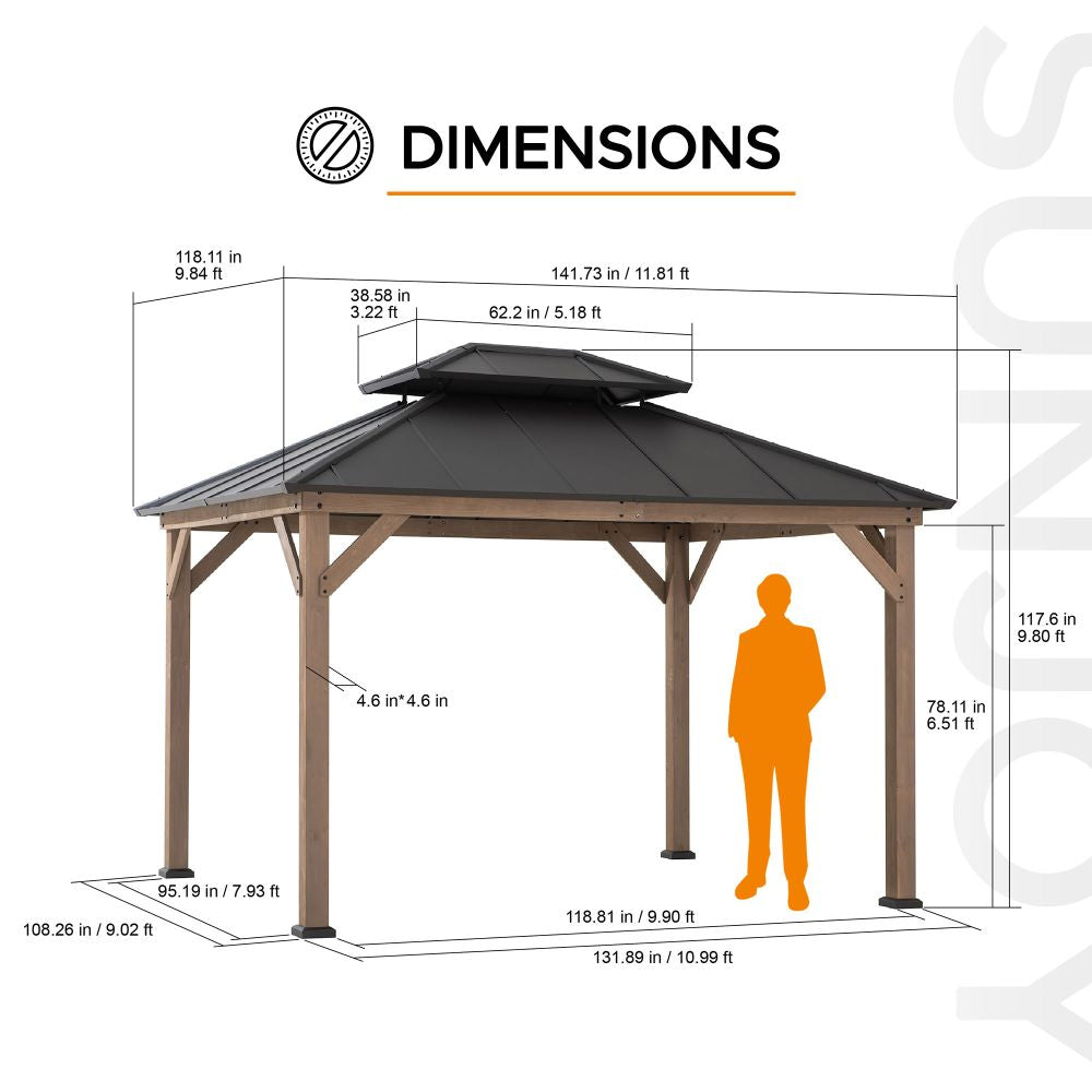 SUNJOY 10x12 Wood Gazebo with 2-tier Metal Roof and Ceiling Hook - Weathered Cedar
