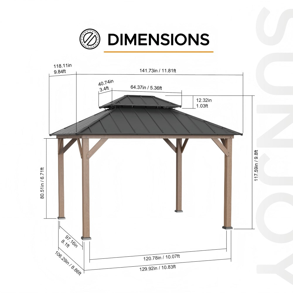 SUNJOY 10x12 Wood Gazebo with 2-tier Metal Roof and Ceiling Hook - Driftwood Cedar