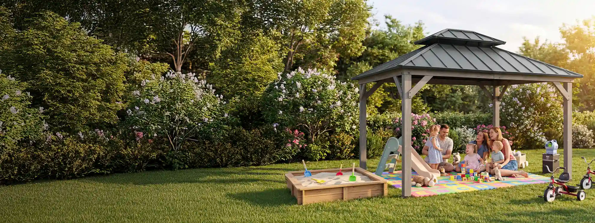 SUNJOY 10x12 Wood Gazebo with 2-tier Metal Roof and Ceiling Hook - Driftwood Cedar