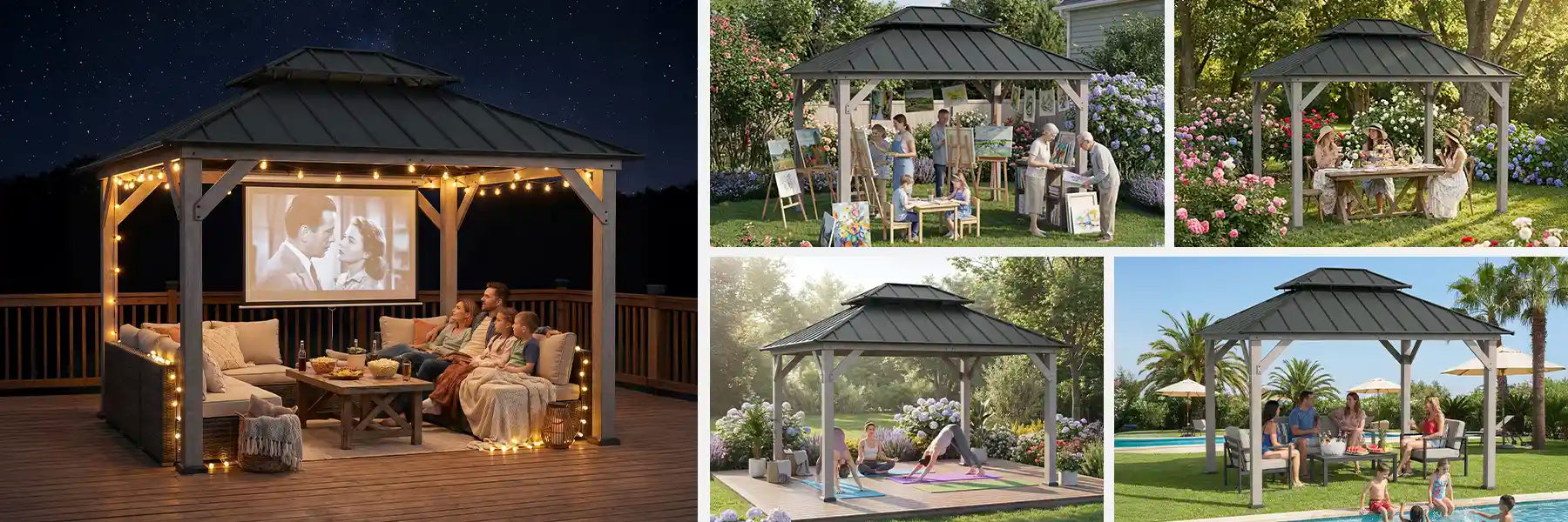 SUNJOY 10x12 Wood Gazebo with 2-tier Metal Roof and Ceiling Hook - Driftwood Cedar