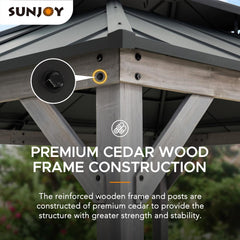 Sunjoy 10x12 ft. Wood Gazebo, Outdoor Patio Steel Hardtop Gazebo, Cedar Framed Wooden Gazebo with 2-tier Metal Roof and Ceiling Hook.