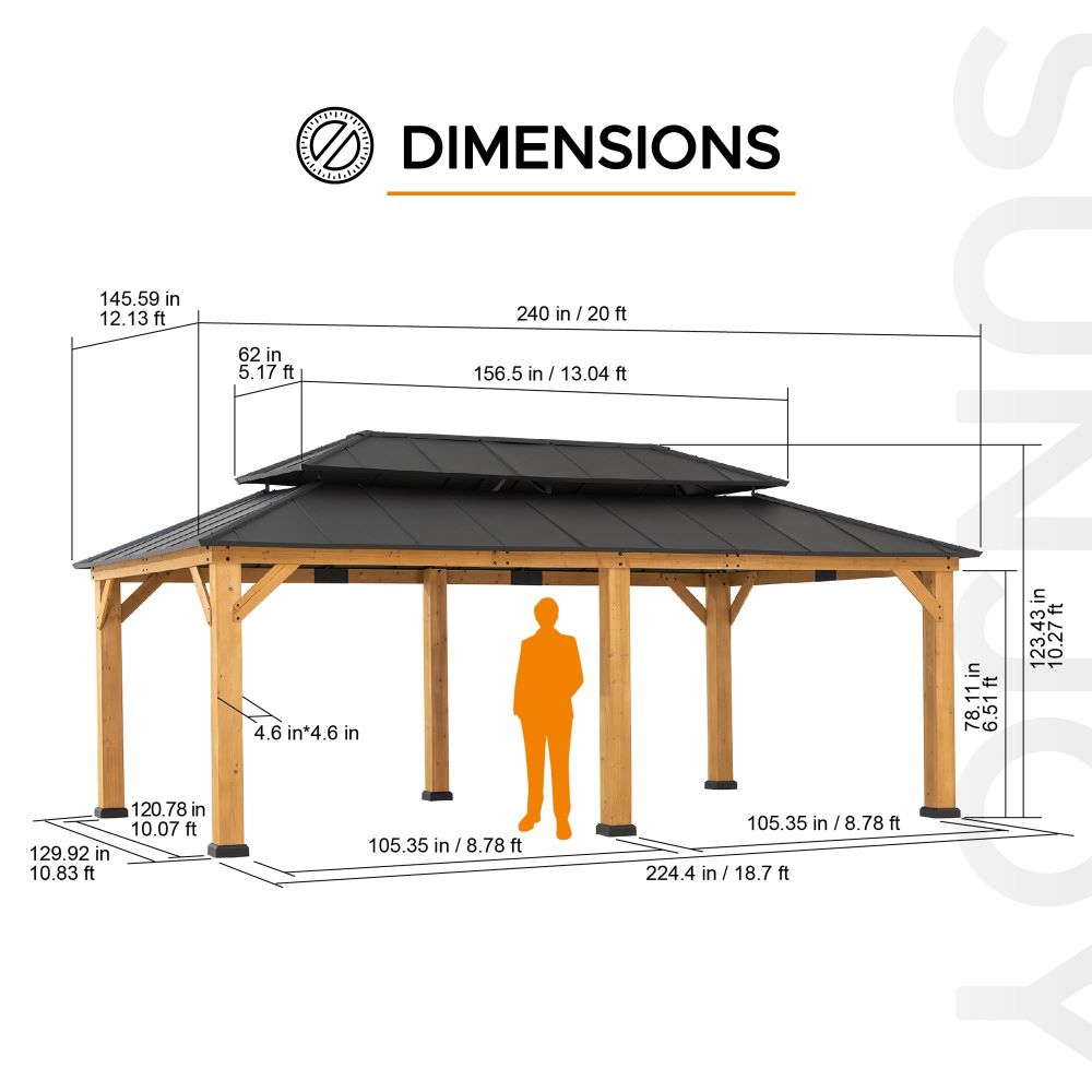 SUNJOY 12x20 Patio Wooden Gazebo with Ceiling Hooks.