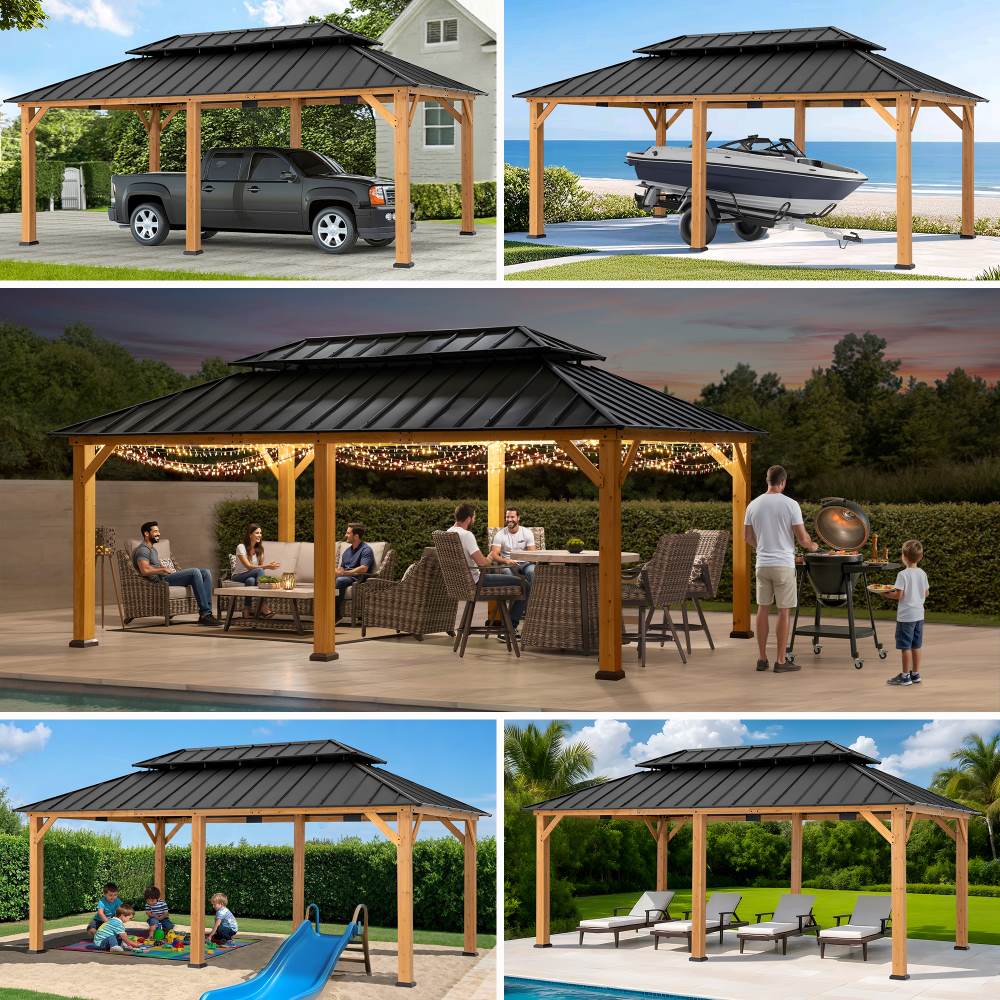 SUNJOY 12x20 Patio Wooden Gazebo with Ceiling Hooks - Standard Natural wood