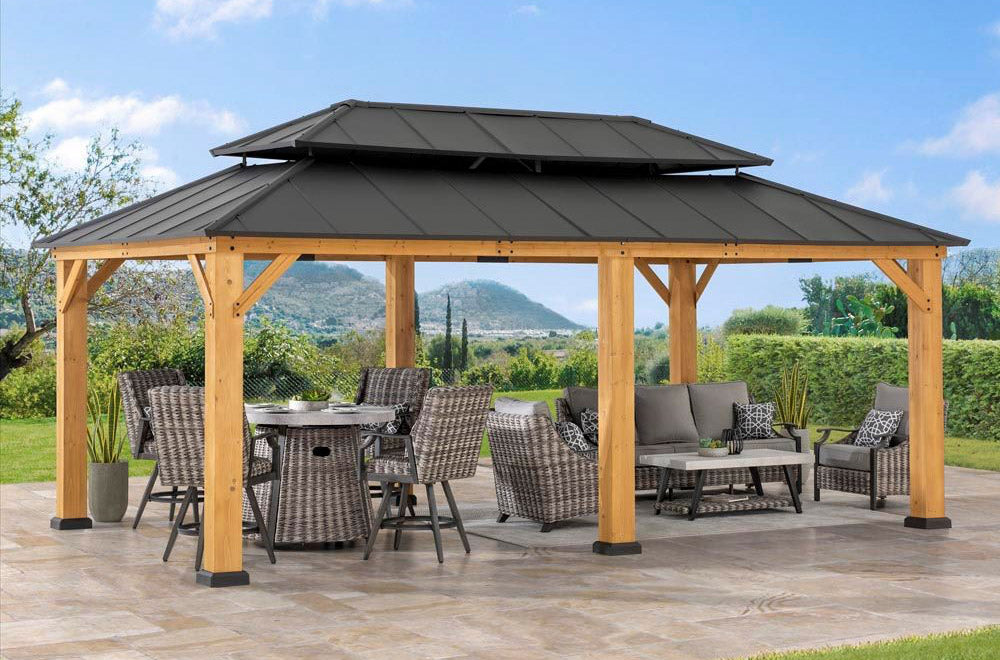 SUNJOY 12x20 Patio Wooden Gazebo with Ceiling Hooks - Brown