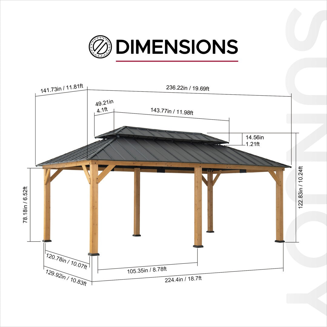 SUNJOY 12x20 Patio Wooden Gazebo with Ceiling Hooks - Standard Natural wood