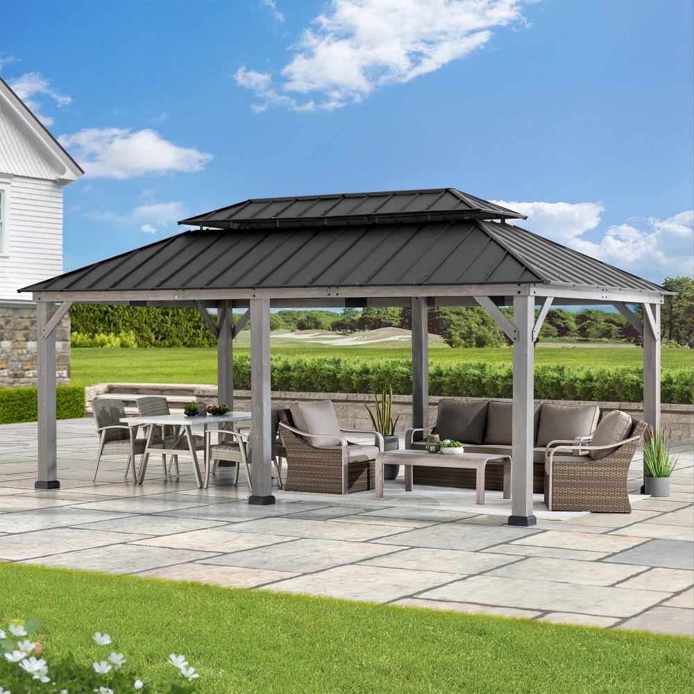 SUNJOY 12x20 Patio Wooden Gazebo with Ceiling Hooks.
