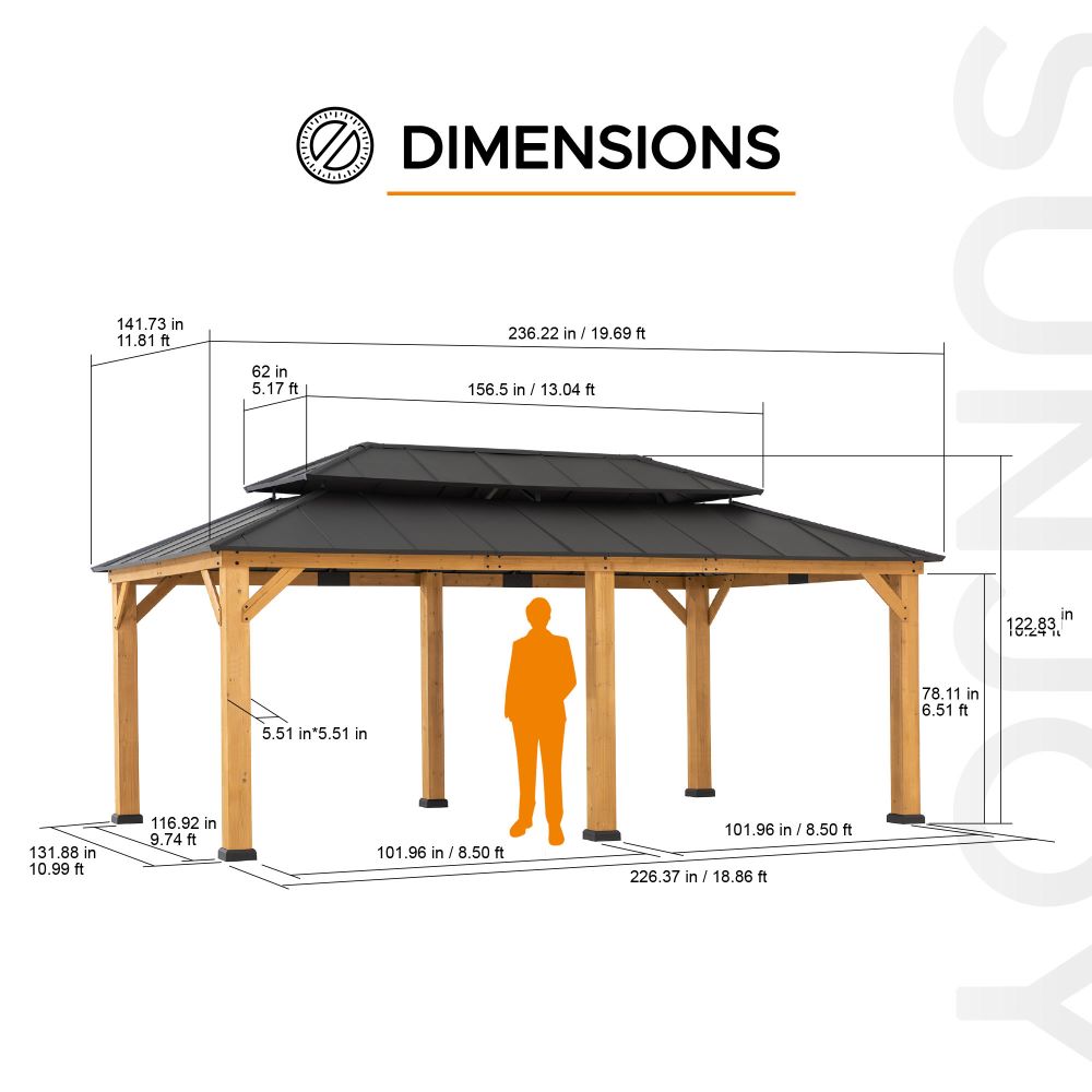 SUNJOY 12x20 Aluminum Hardtop Gazebo with Dual Rails and Ceiling Hook.