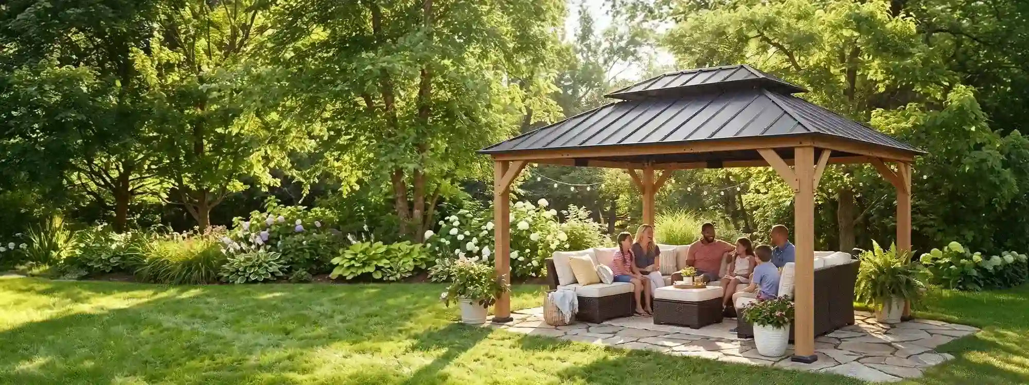 SUNJOY 12x16 Wooden Gazebo with 2-Tier Metal Roof and Ceiling Hook - Natural Cedar