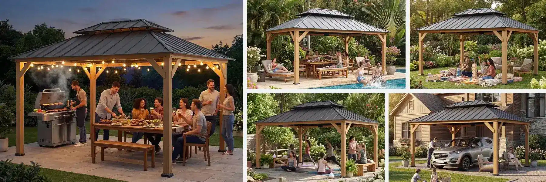 SUNJOY 12x16 Wooden Gazebo with 2-Tier Metal Roof and Ceiling Hook - Natural Cedar