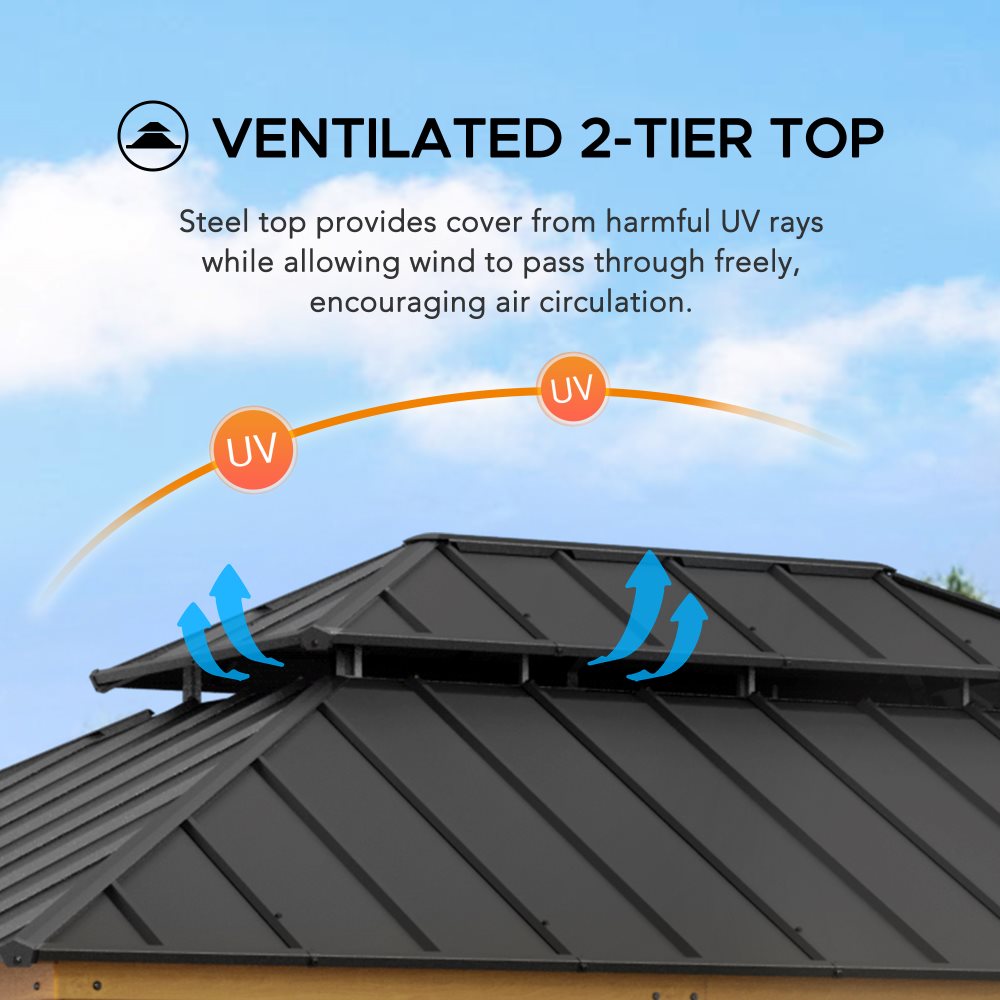 SUNJOY 12x16 Wooden Gazebo with 2-tier Metal Roof and Ceiling Hook.