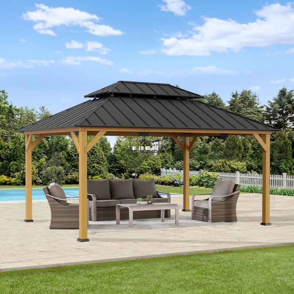 SUNJOY 12x16 Wooden Gazebo with 2-tier Metal Roof and Ceiling Hook.