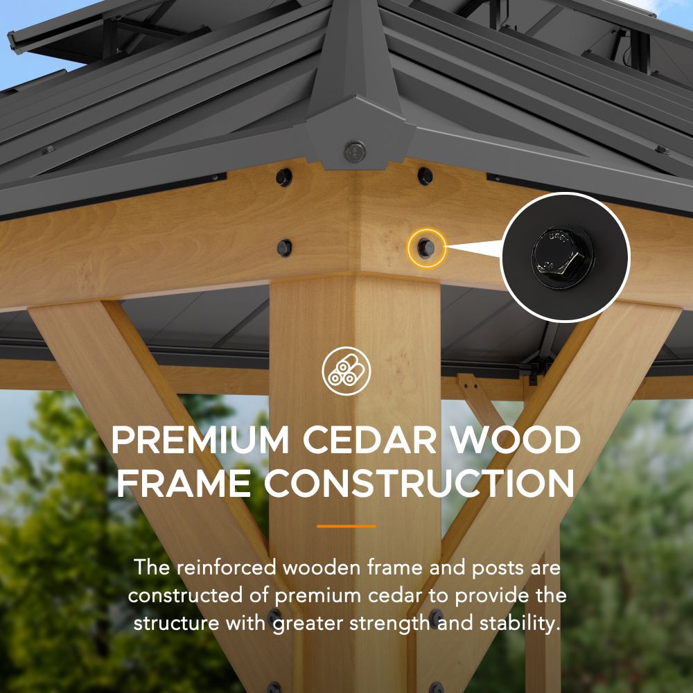 SUNJOY 12x16 Wooden Gazebo with 2-tier Metal Roof and Ceiling Hook.