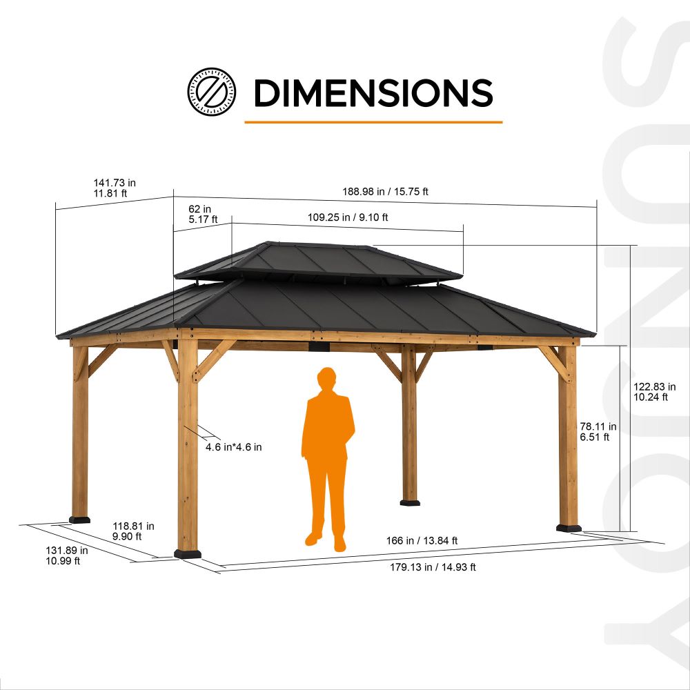 SUNJOY 12x16 Wooden Gazebo with 2-tier Metal Roof and Ceiling Hook.