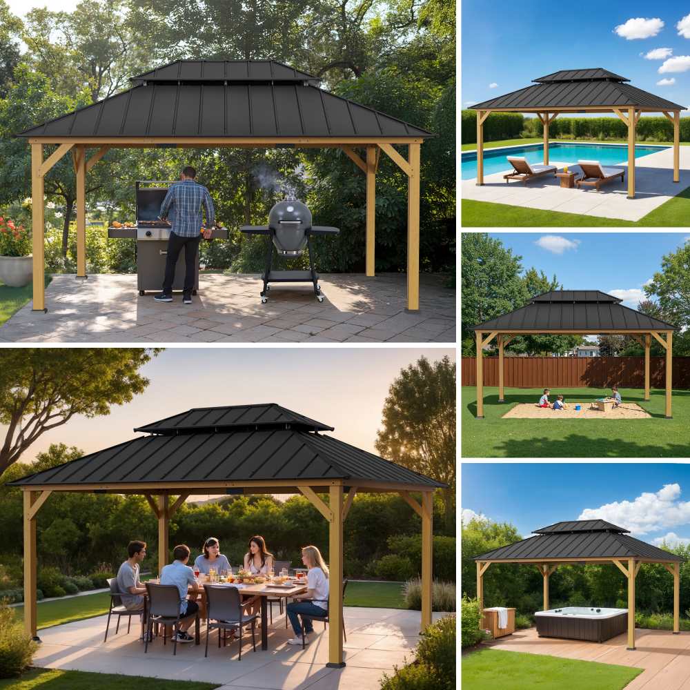 SUNJOY 12x16 Wooden Gazebo with 2-tier Metal Roof and Ceiling Hook - Natural Cedar