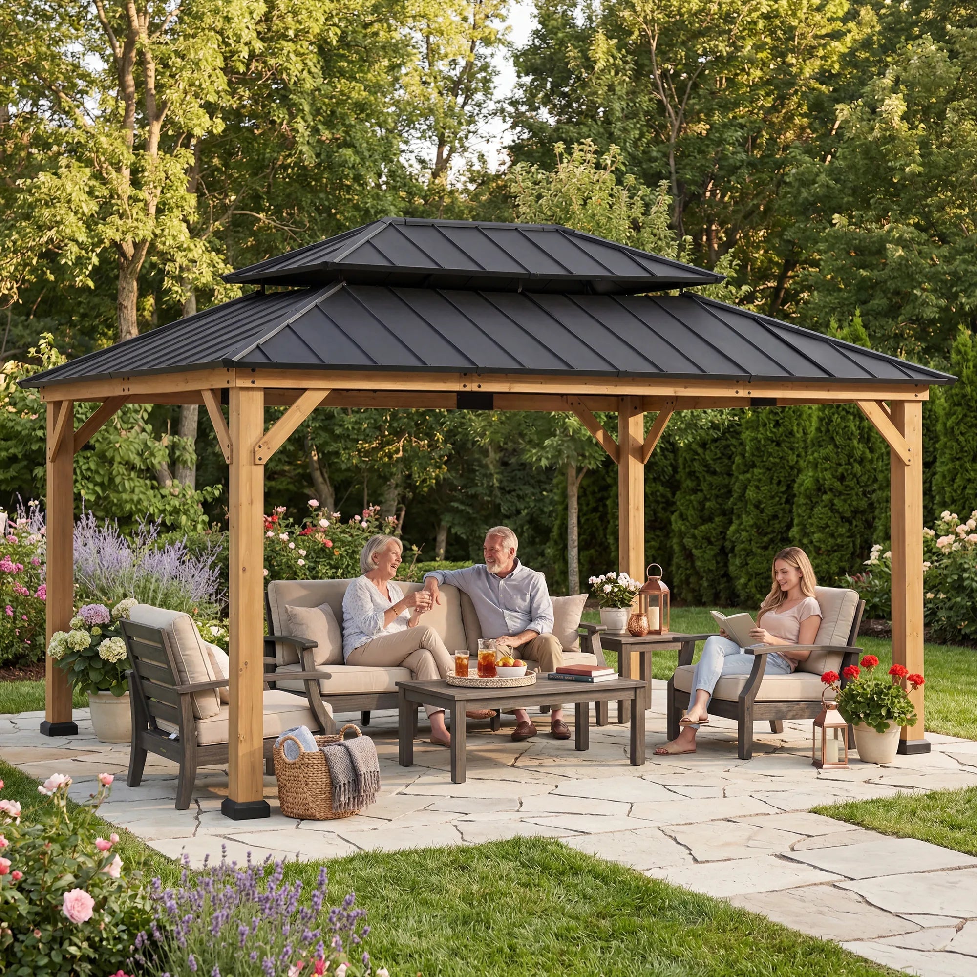SUNJOY 12x16 Wooden Gazebo with 2-Tier Metal Roof and Ceiling Hook - Natural Cedar