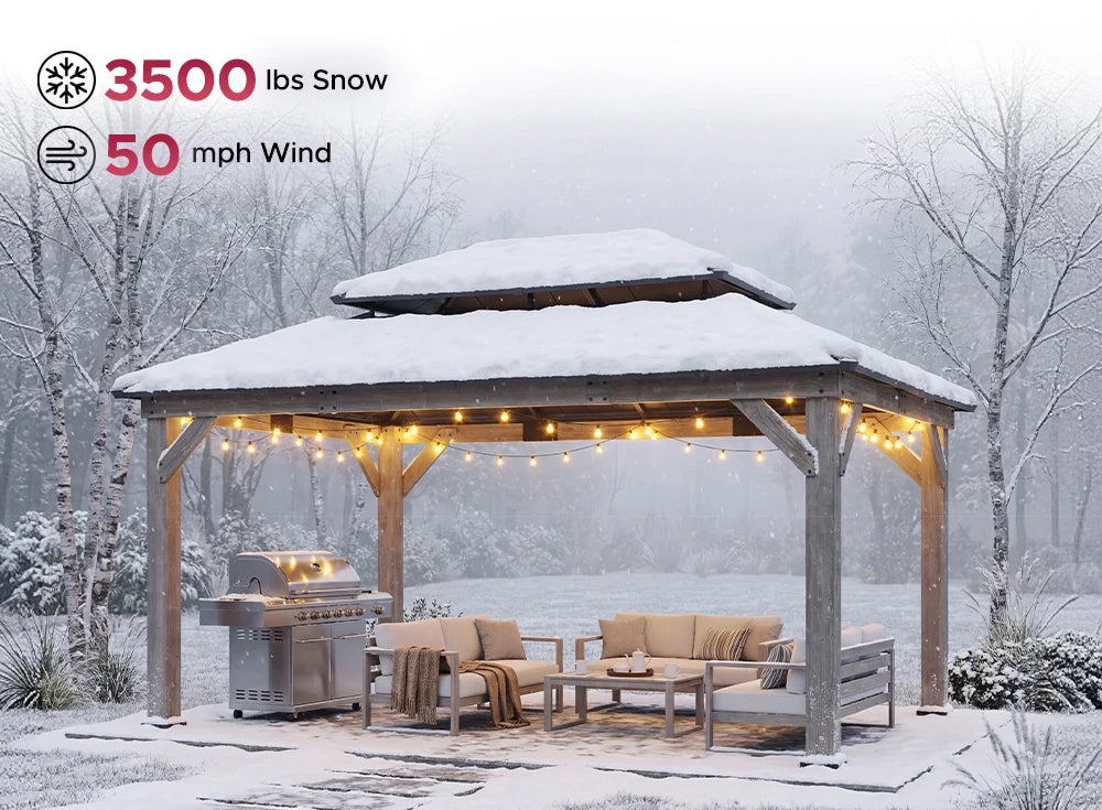 SUNJOY 12x16 Wooden Gazebo with 2-Tier Metal Roof and Ceiling Hook - Driftwood Cedar
