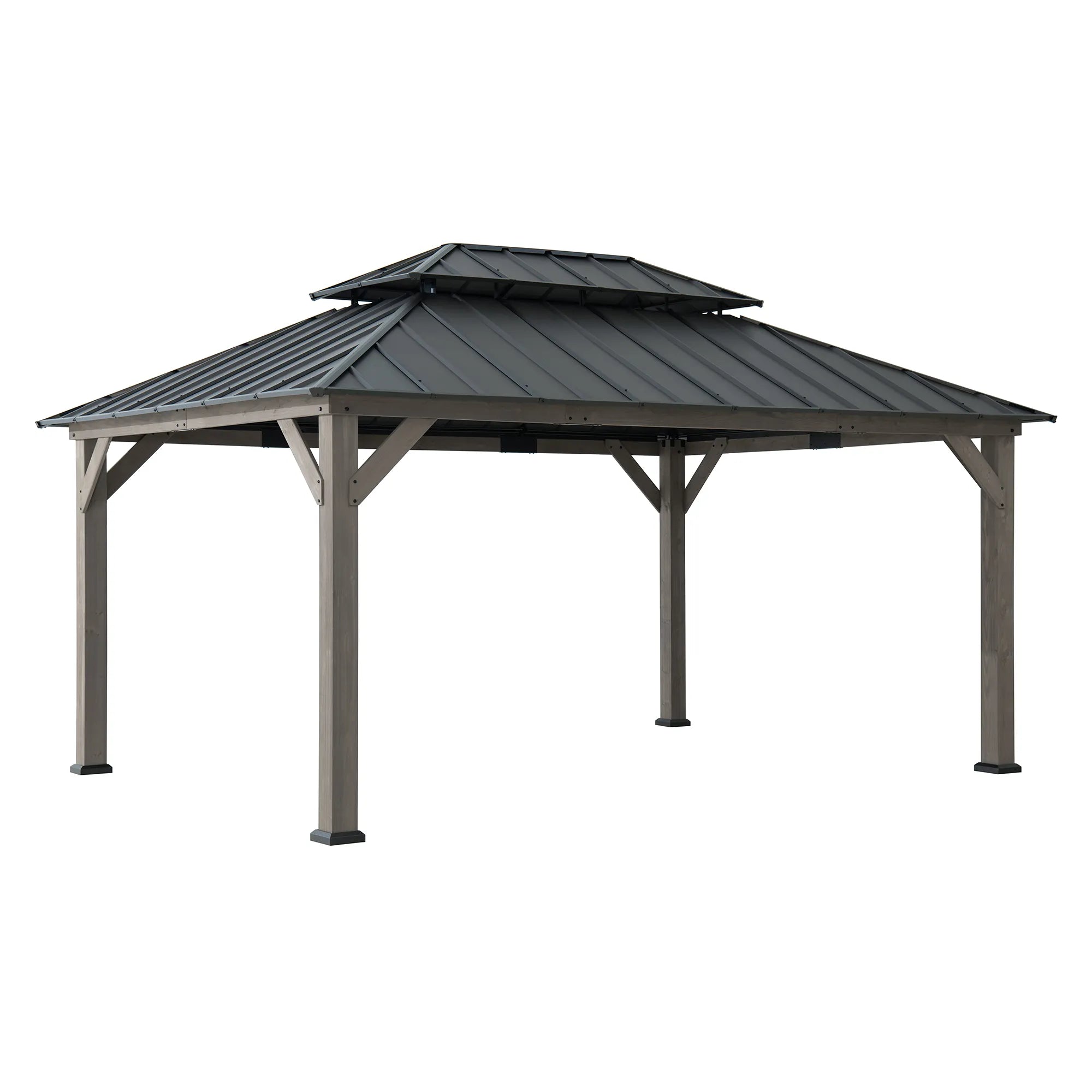 SUNJOY 12x16 Wooden Gazebo with 2-tier Metal Roof and Ceiling Hook - Driftwood Cedar