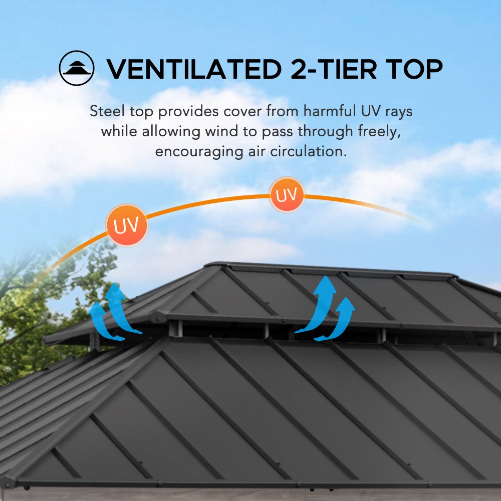 SUNJOY 12x16 Wooden Gazebo with 2-tier Metal Roof and Ceiling Hook.