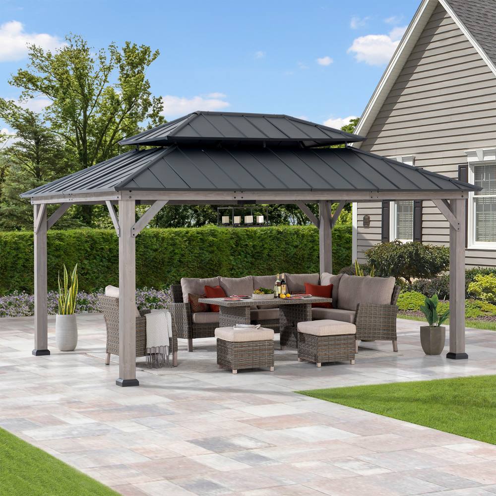 SUNJOY 12x16 Wooden Gazebo with 2-tier Metal Roof and Ceiling Hook.