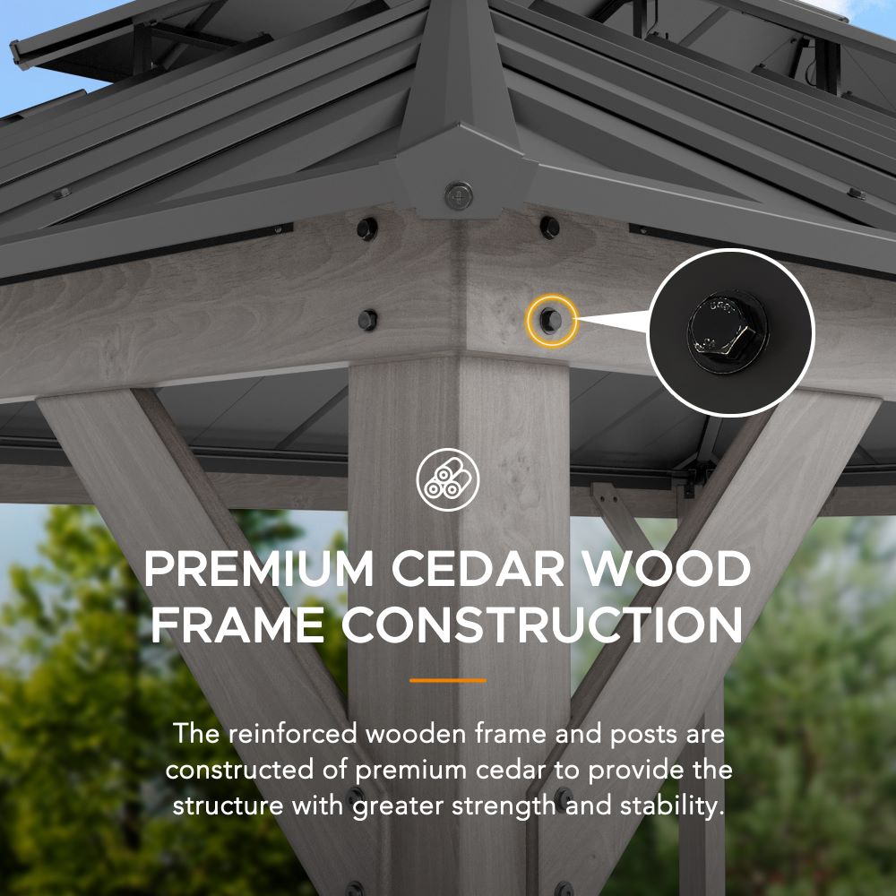 SUNJOY 12x16 Wooden Gazebo with 2-tier Metal Roof and Ceiling Hook.