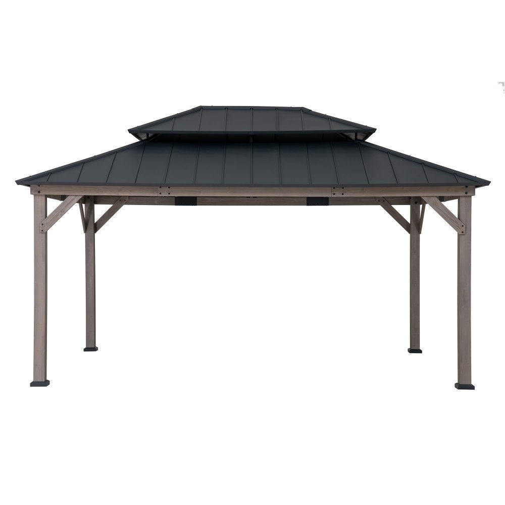 SUNJOY 12x16 Wooden Gazebo with 2-tier Metal Roof and Ceiling Hook - Driftwood Cedar
