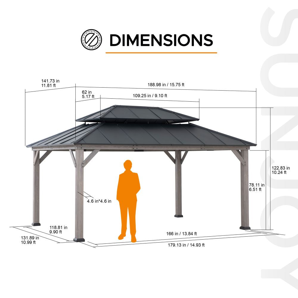 SUNJOY 12x16 Wooden Gazebo with 2-tier Metal Roof and Ceiling Hook - Driftwood Cedar
