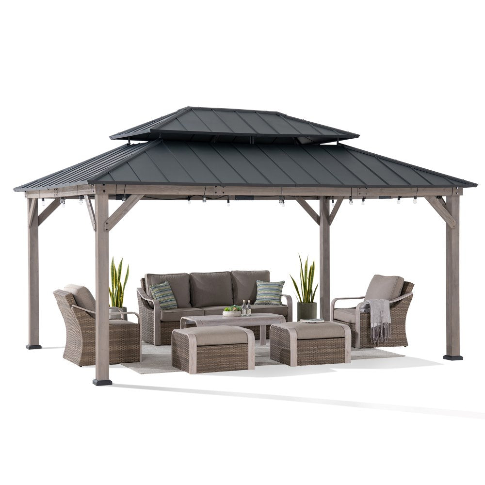 SUNJOY 12x16 Wooden Gazebo with 2-tier Metal Roof and Ceiling Hook.