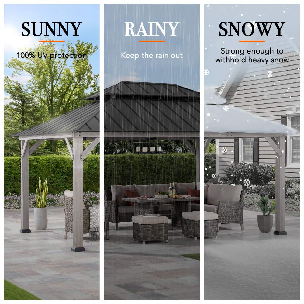 Sunjoy 12x16 ft. Wood Gazebo, Outdoor Patio Steel Hardtop Gazebo, Cedar Framed Wooden Gazebo with 2-tier Metal Roof and Ceiling Hook.