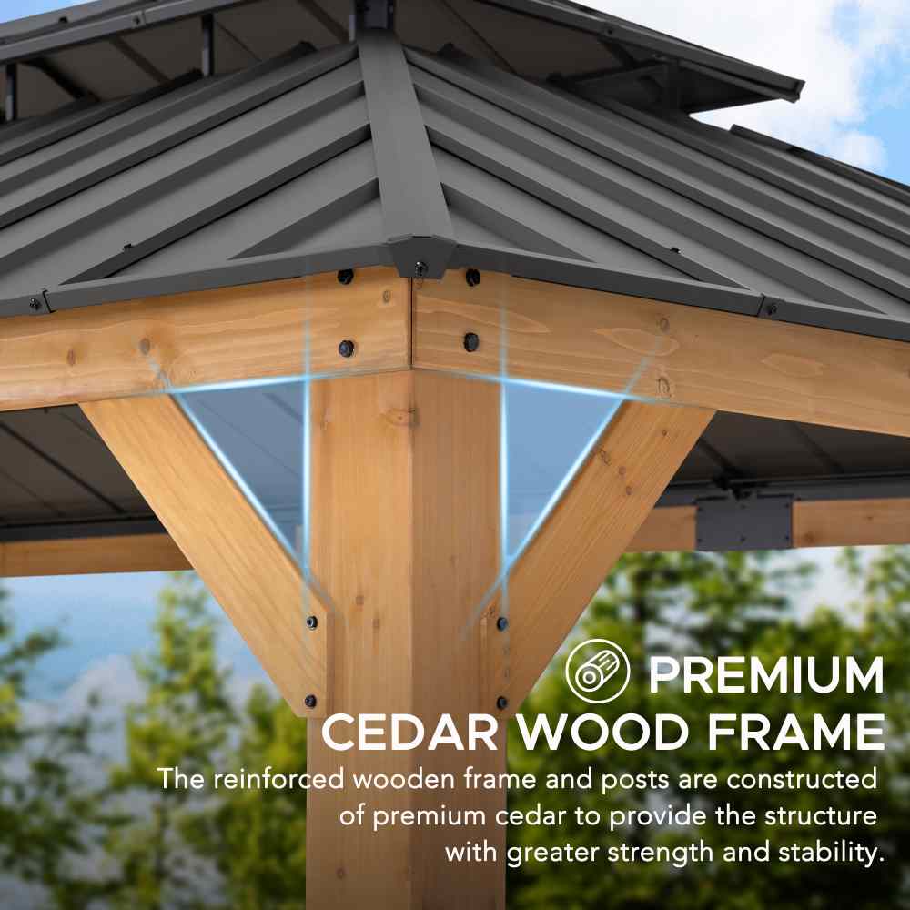 SUNJOY 12x20 Cedar Hardtop Gazebo with 2 Ceiling Hooks.