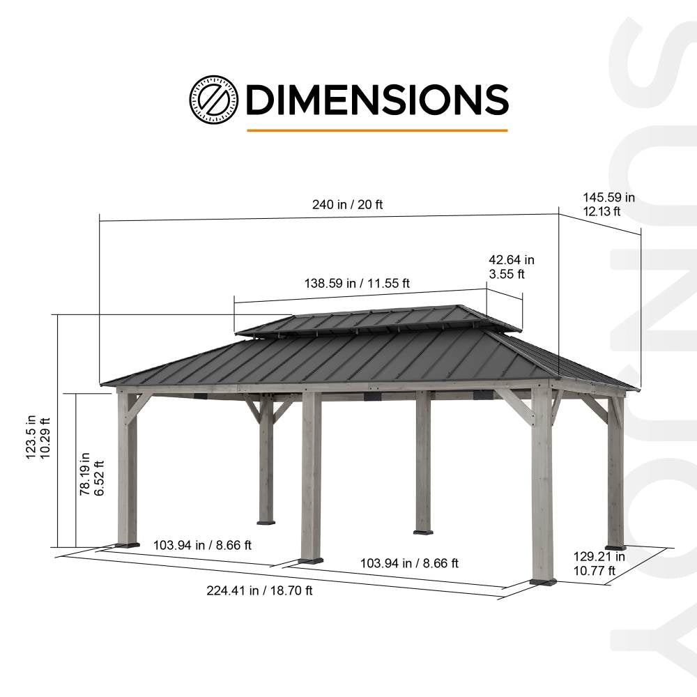 SUNJOY 12x20 Cedar Hardtop Gazebo with 2 Ceiling Hooks - Driftwood Cedar