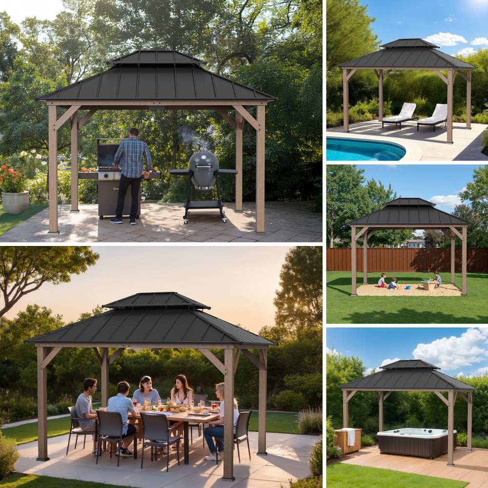 SUNJOY 10x12 Wood Gazebo with 2-tier Metal Roof and Ceiling Hook - Weathered Cedar