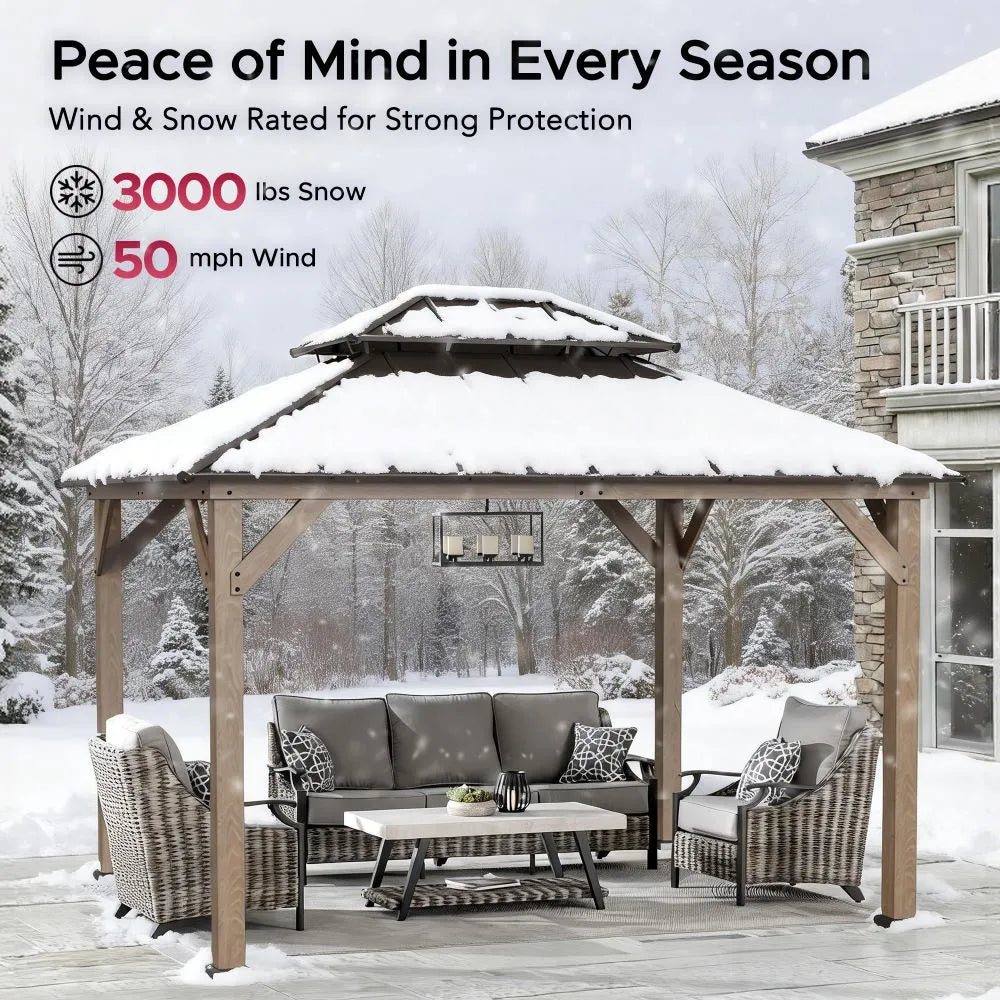 SUNJOY 10x12 Wood Gazebo with 2-tier Metal Roof and Ceiling Hook - Weathered Cedar