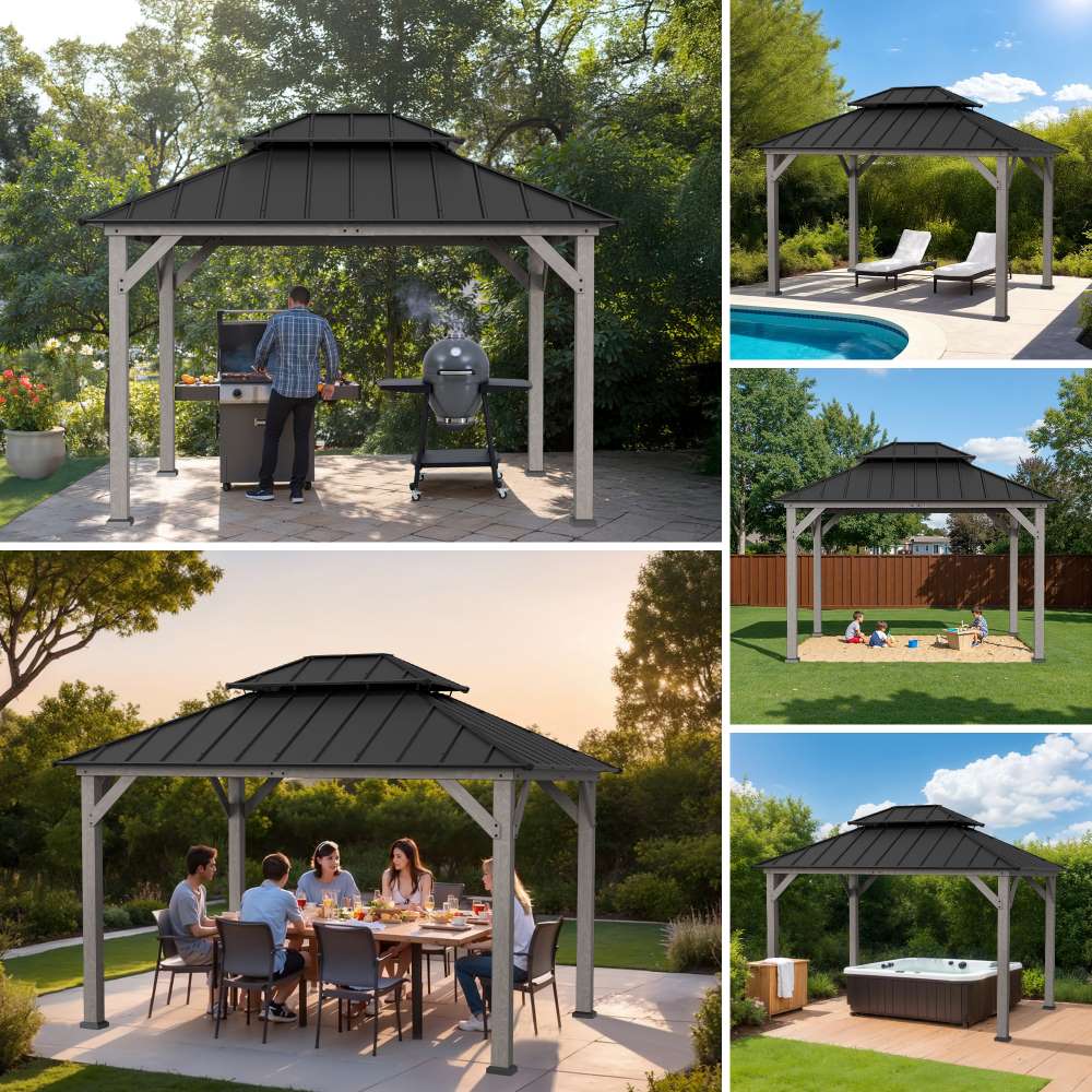 SUNJOY 10x12 Wood Gazebo with 2-tier Metal Roof and Ceiling Hook - Driftwood Cedar