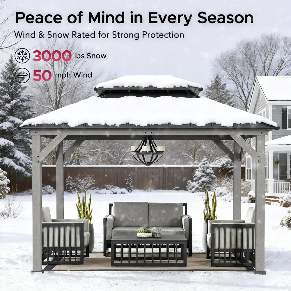 SUNJOY 10x12 Wood Gazebo with 2-tier Metal Roof and Ceiling Hook - Driftwood Cedar