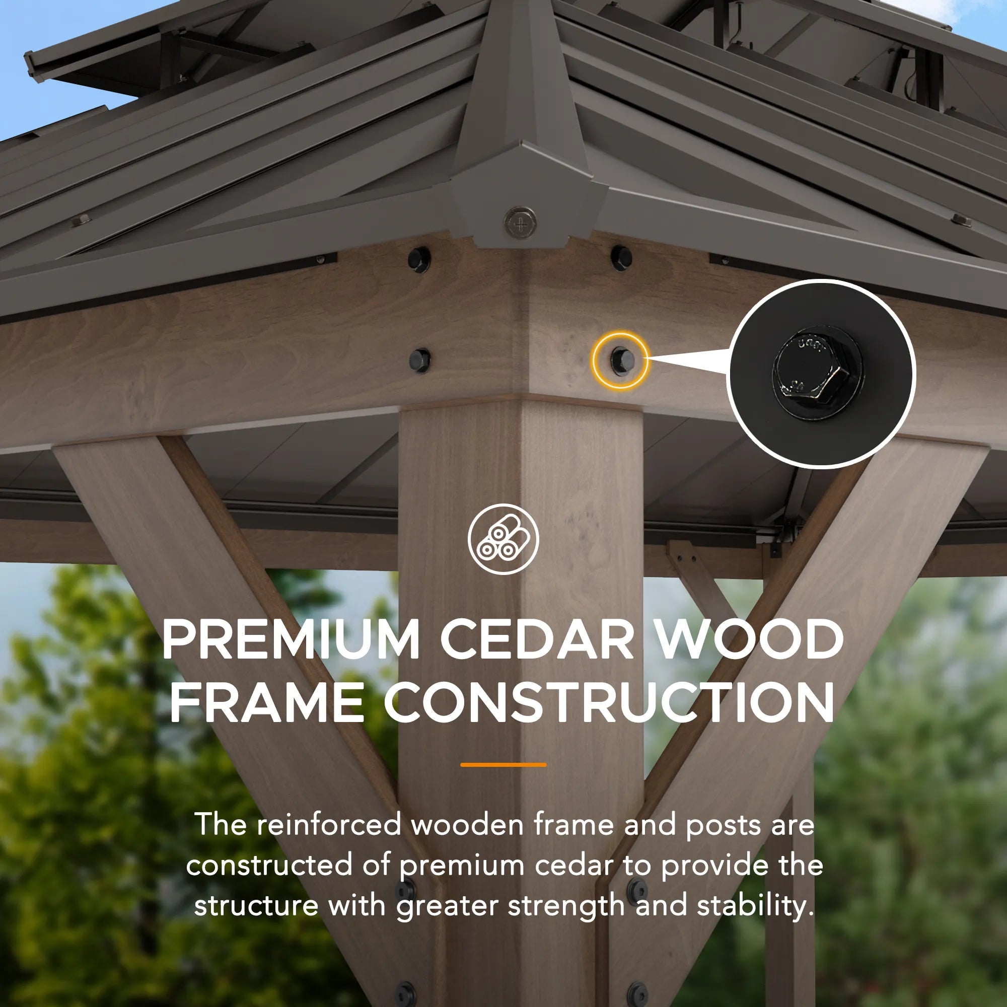 Cedar Frame Gazebo with Steel Roof, Netting and Ceiling Hook, 12x16 - Weathered Cedar
