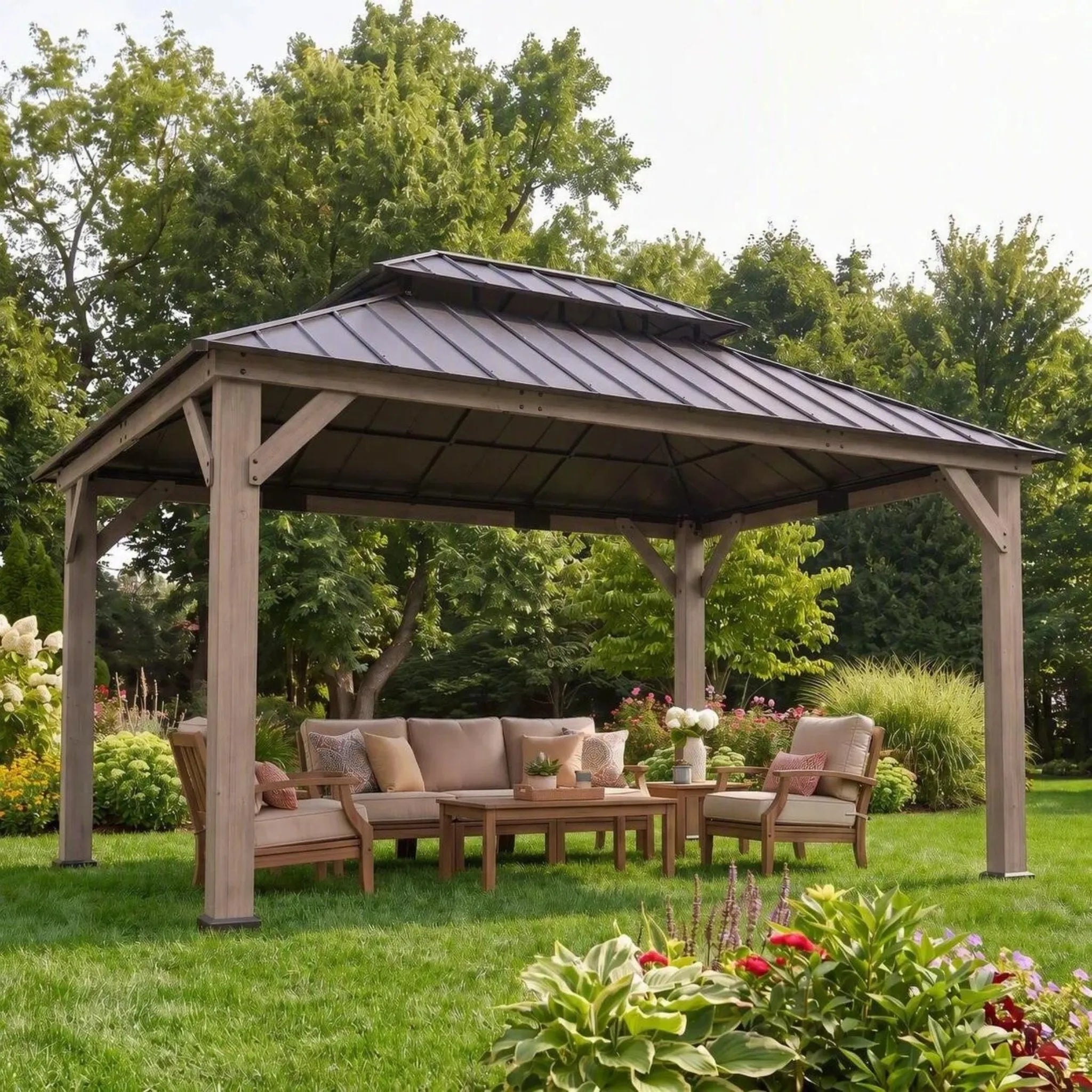 Cedar Frame Gazebo with Steel Roof, Netting and Ceiling Hook, 12x16 - Weathered Cedar