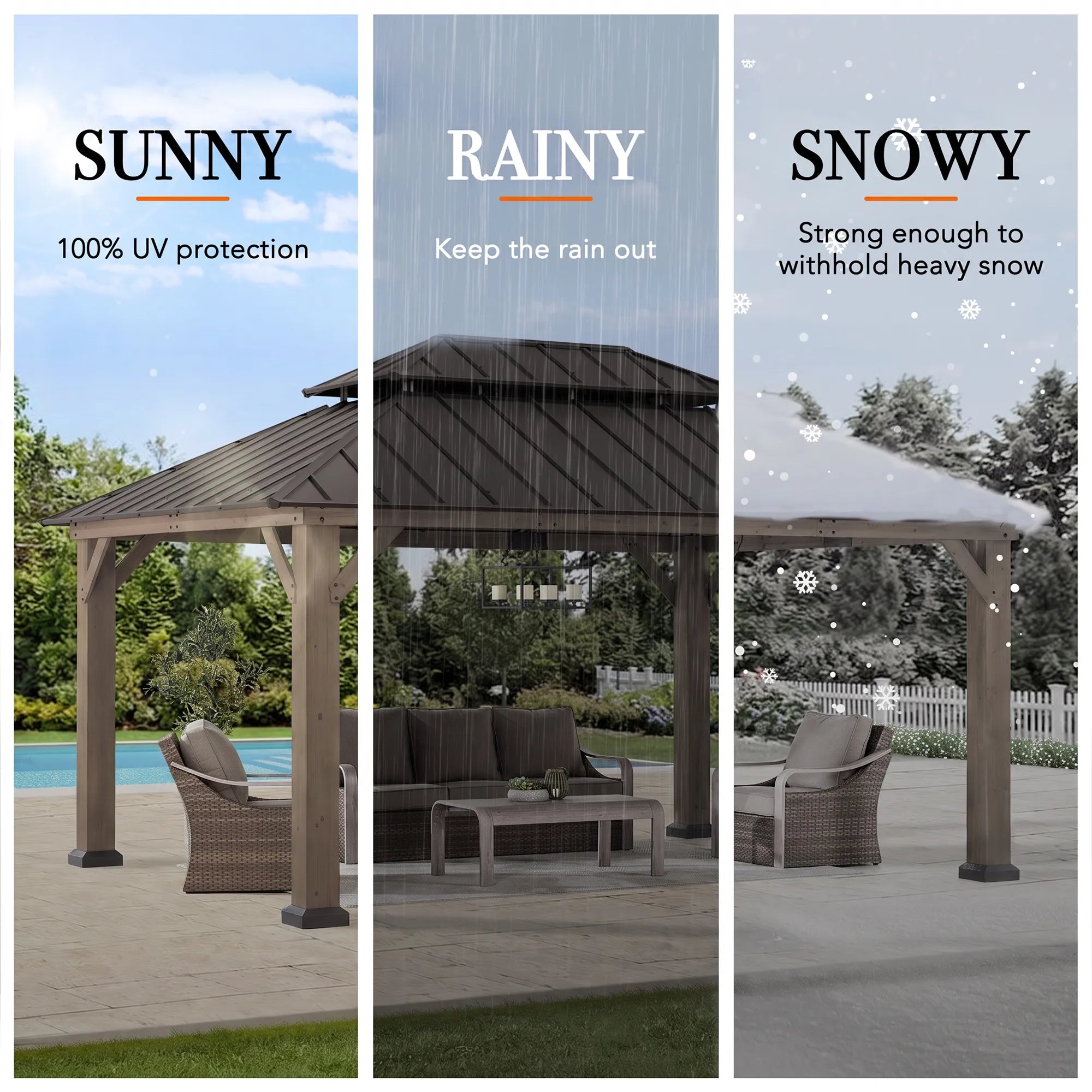 Cedar Frame Gazebo with Steel Roof, Netting and Ceiling Hook, 12x16 - Weathered Cedar