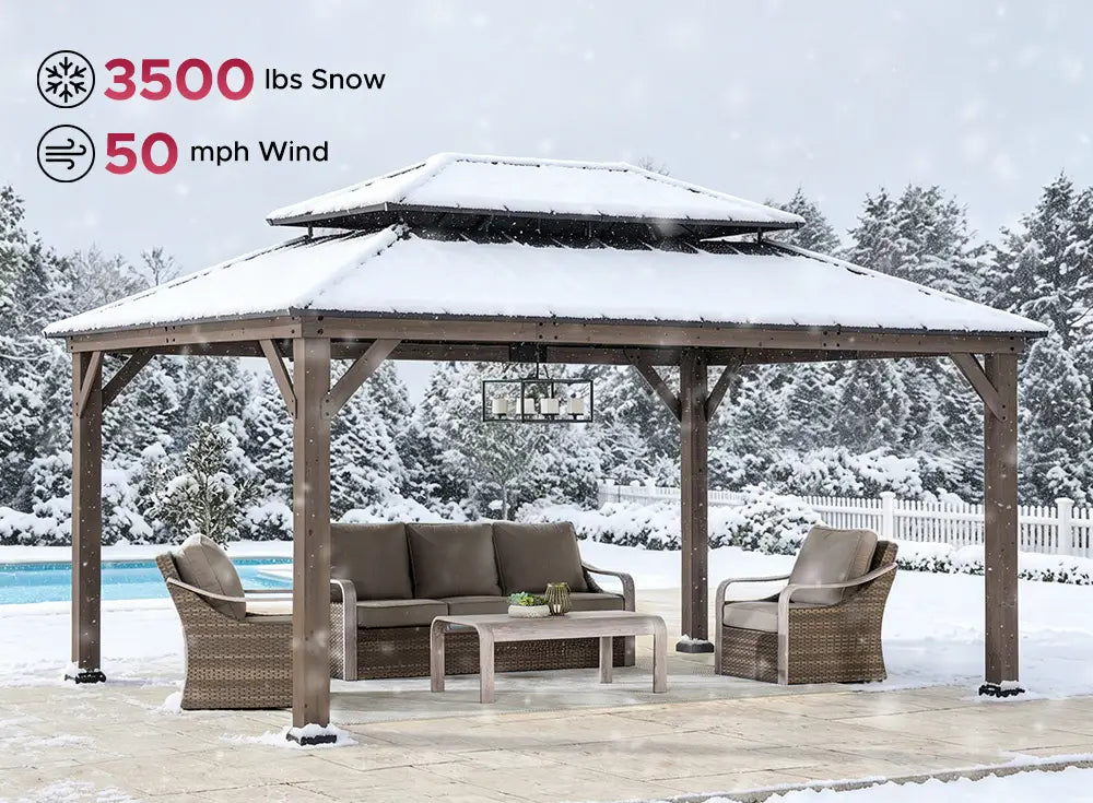 SUNJOY 12x16 Cedar Frame Gazebo with Steel Roof, Netting and Ceiling Hook - Weathered Cedar