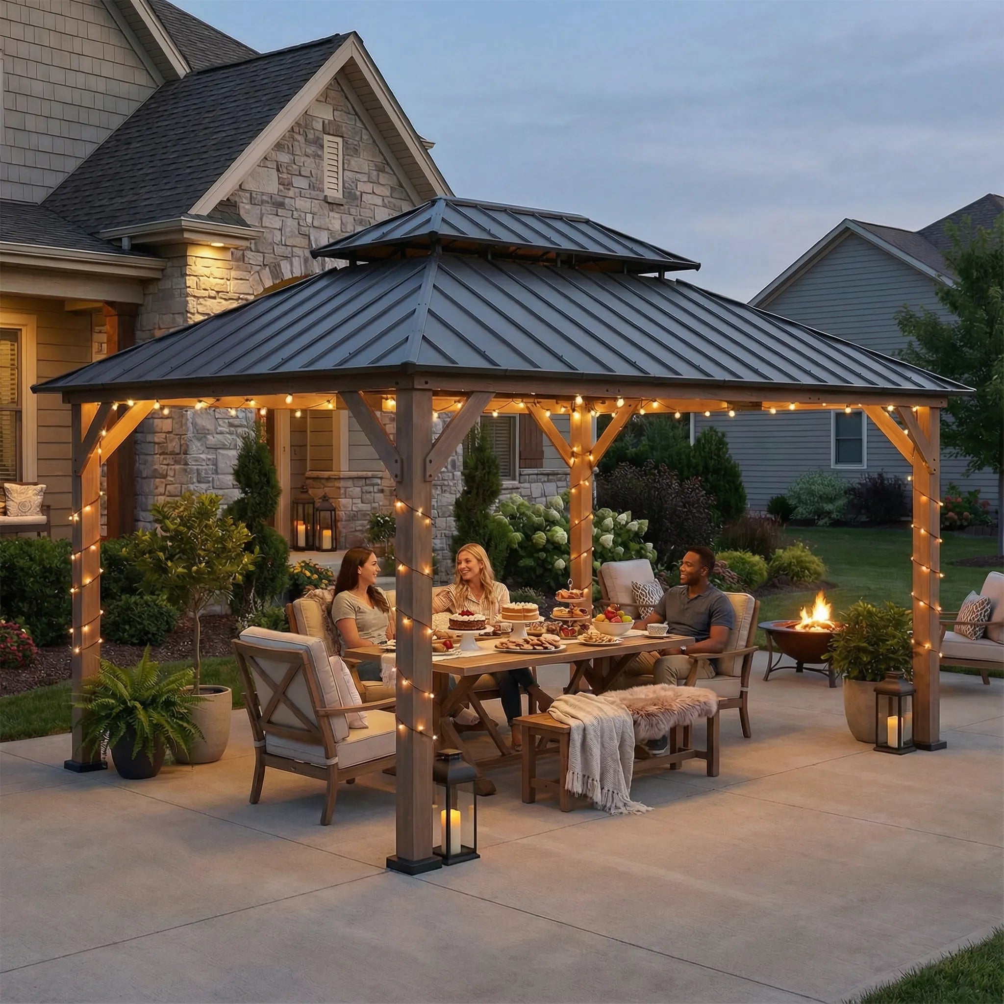 SUNJOY 12x16 Cedar Frame Gazebo with Steel Roof, Netting and Ceiling Hook - Weathered Cedar