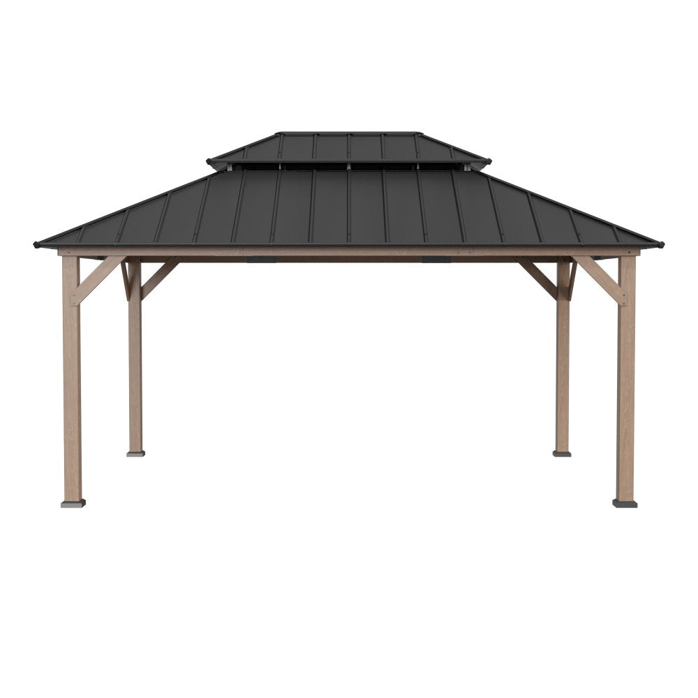 SUNJOY 12x16 Cedar Frame Gazebo with Steel Roof, Netting and Ceiling Hook - Weathered Cedar